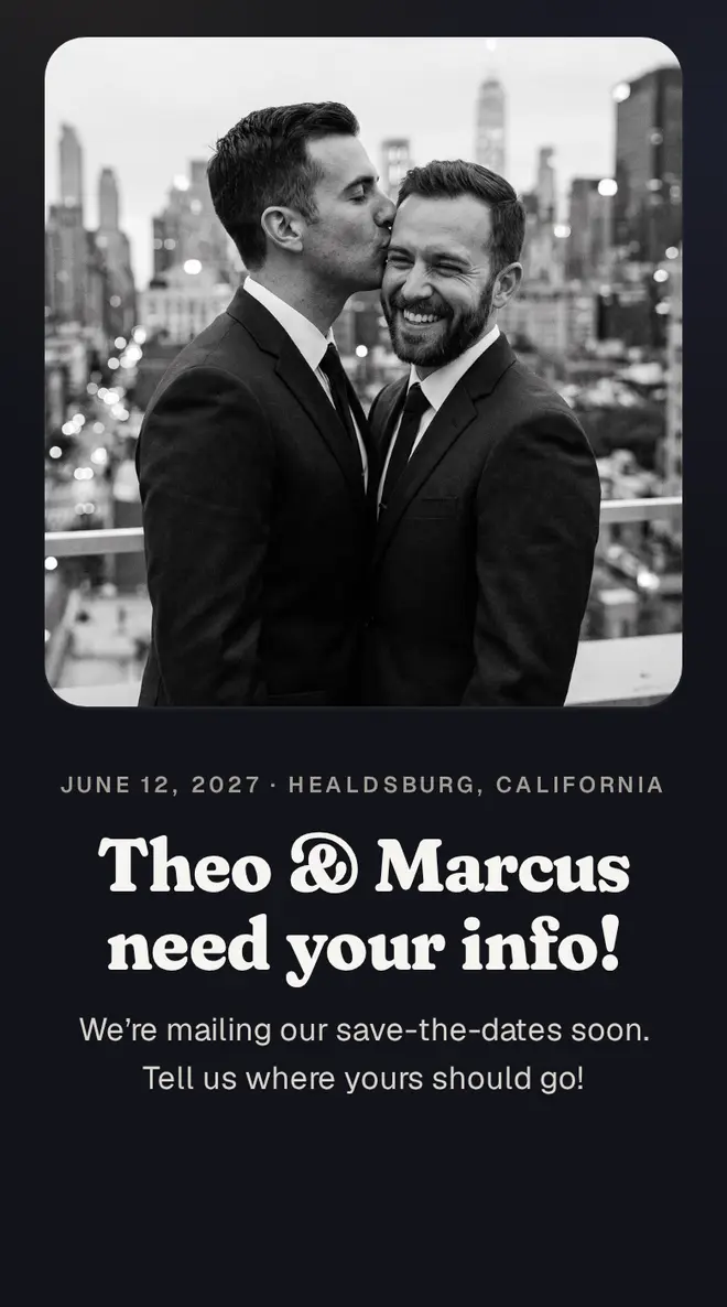 Theo and Marcus’s form in midnight blue, with a bold serif