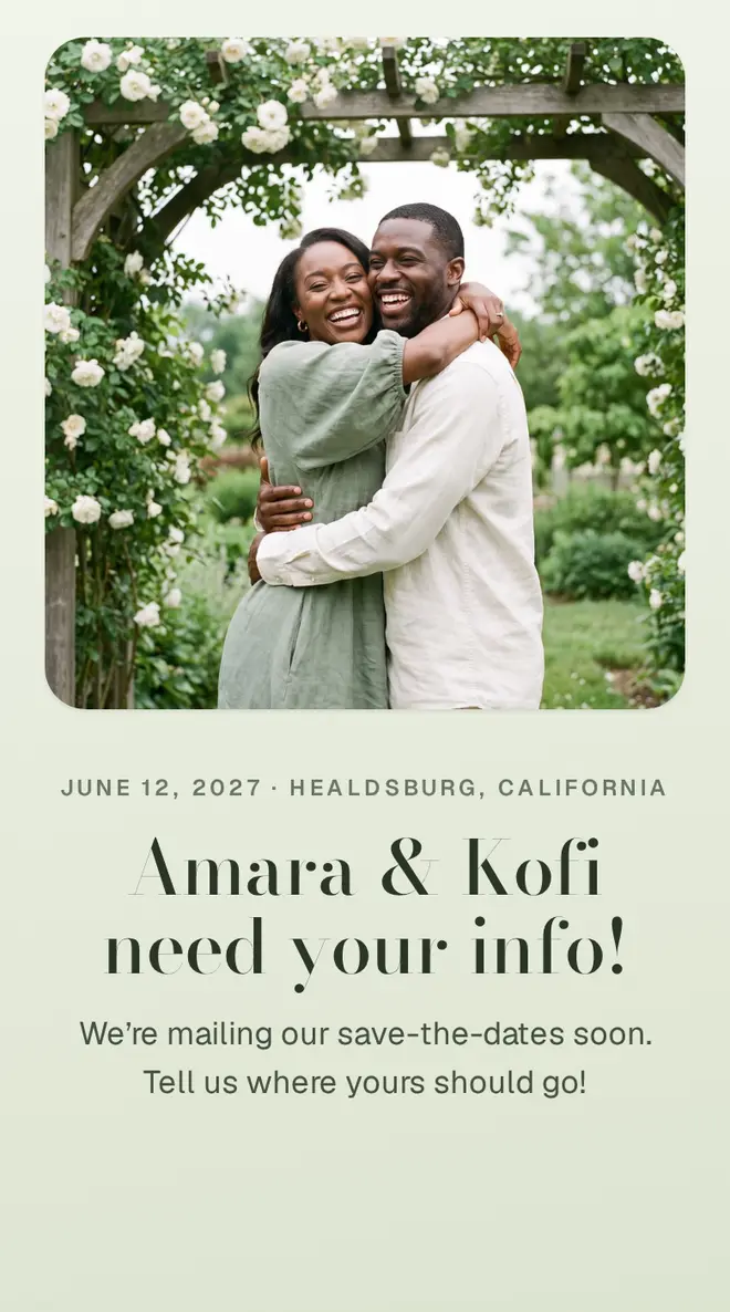 Amara and Kofi’s form in sage, with a modern serif