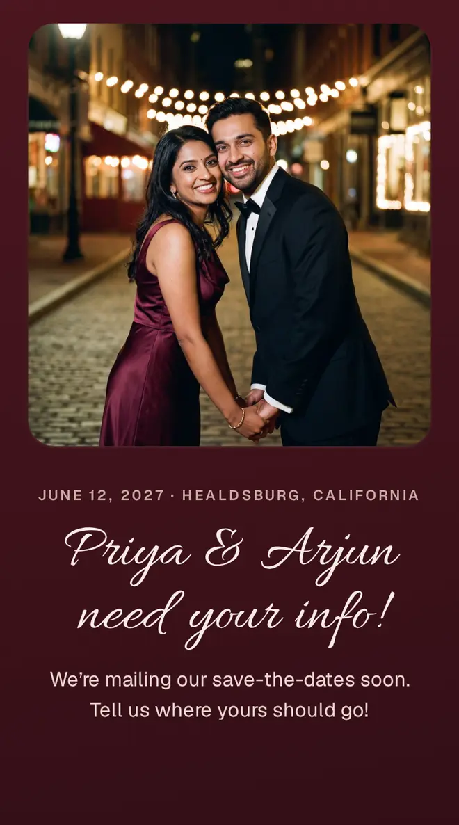 Priya and Arjun’s form in merlot, with a flowing script