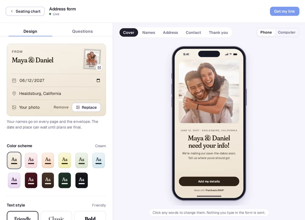 The address form designer: the couple’s names, date and photo beside a live phone preview