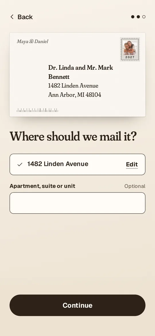 The address step: the guest’s envelope fills in as they type